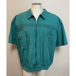 Vtg John Blair Zip Up Shirt Size 2XL Green Teal Short Sleeve Knit Hem Pockets